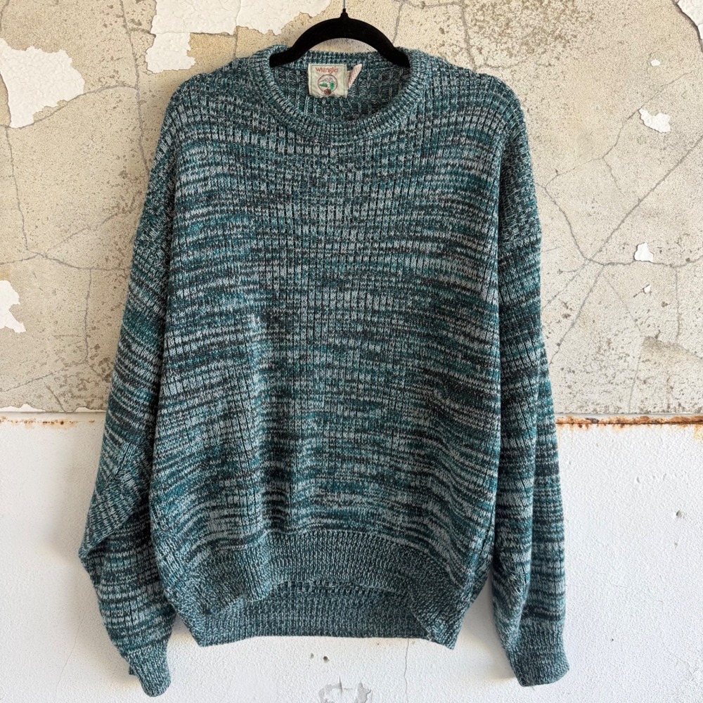 Vtg Wrangler Sweater Marled Knit Teal Blue Oversized Relaxed Fit Mens XL Grandpa
